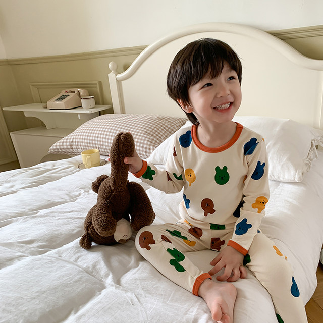 Yiyi Mom boy pajamas girl boneless baby children autumn clothing A pure cotton wool pull rack home clothing set