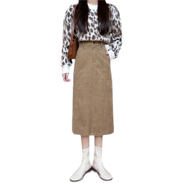 Large-size corduroy hip pocket A-line skirt camel color retro versatile skirt fat mm slim high waist midi skirt