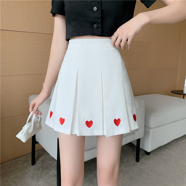 Large -size skirt Female Xiasong Tight waist skirt to prevent light, fat, sweet love embroidery bag hip slim A -line skirt