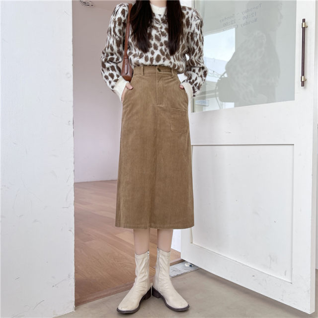 Large-size corduroy hip pocket A-line skirt camel color retro versatile skirt fat mm slim high waist midi skirt