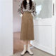 Large-size corduroy hip pocket A-line skirt camel color retro versatile skirt fat mm slim high waist midi skirt