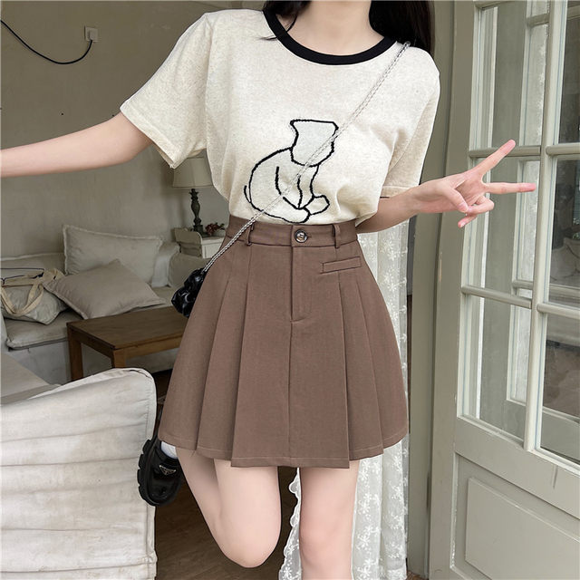 Summer women's skirt women's sweet college jk pleated skirt anti-exposure short skirt fat mm brown hip A-line skirt