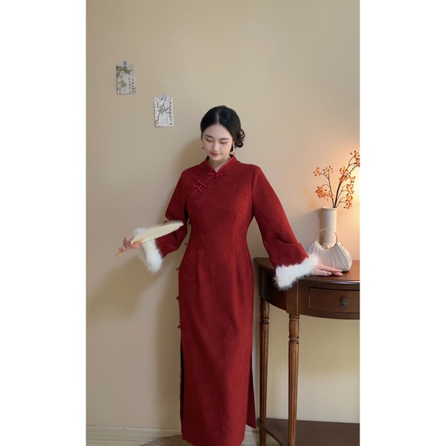 Jubilee plus velvet version original design new Chinese style red winter cheongsam dress plus size fat mm