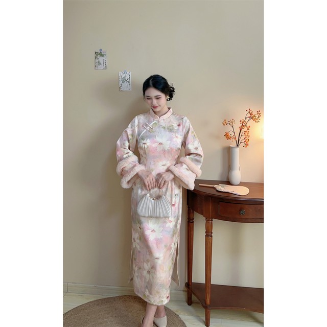 
Lotus original design plus velvet and thick pink girl shy plus size fat mm cheongsam dress