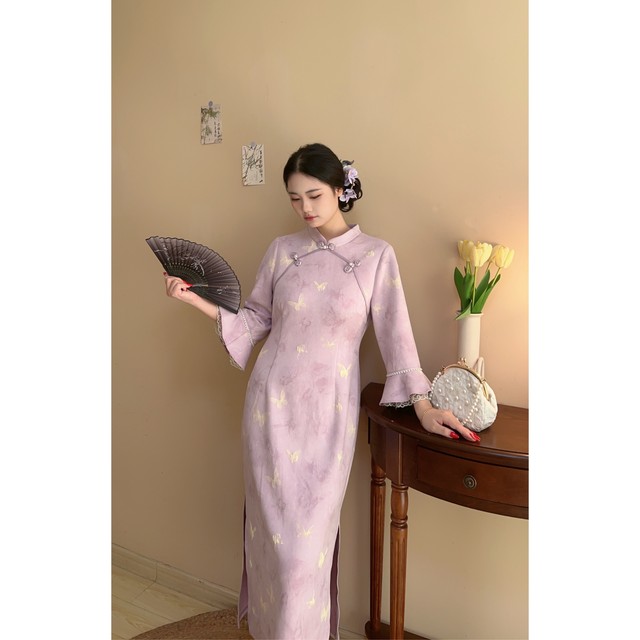 Xiaodie's new Chinese-style lilac noble and elegant large size fat mm cheongsam temperament dress is beautiful