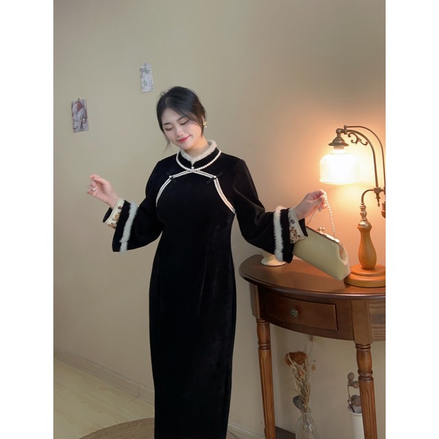 Jinghua Dream Fake two pieces of thin and noble winter thickened new cheongsam big size fat MM dress female