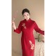 Fenghua autumn new red festive bamboo leaf embroidery large size fat mm cheongsam dress wedding