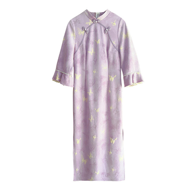 Xiaodie's new Chinese-style lilac noble and elegant large size fat mm cheongsam temperament dress is beautiful