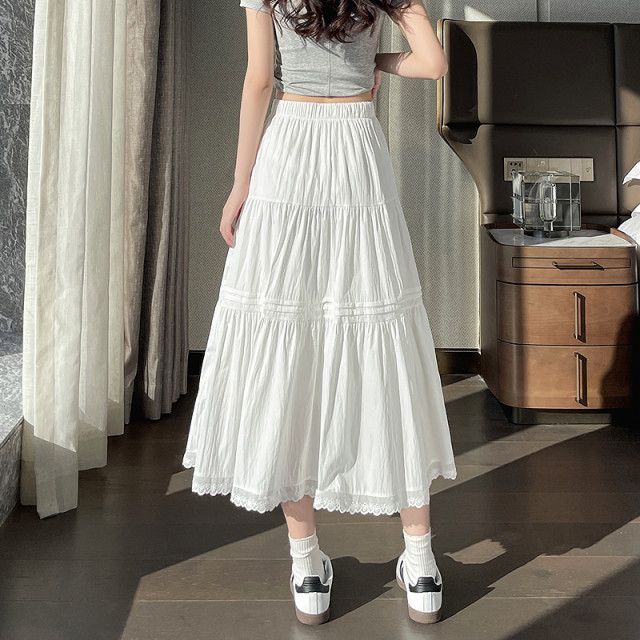 Fashionable and versatile skirt 2025 spring new style for women's high waist slimming versatile solid color lace skirt