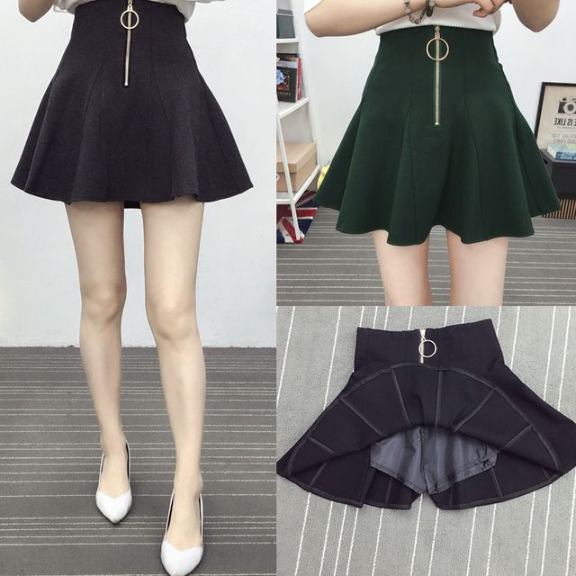 Large size women's zipper skirt and skirt, fat MM slim and anti-exposure A-line short skirt pleated skirt, bottomed with puffy skirt