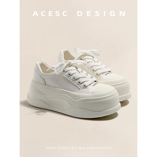 
Genuine leather bread shoes and white shoes for women 2025 spring versatile thick sole height-enhancing lace-up casual shoes shoes
