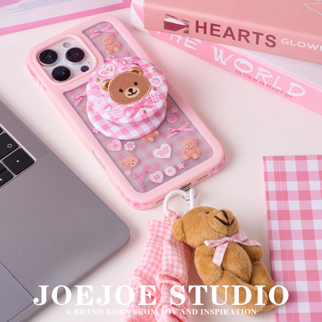 
JOEJOE original button bear suitable for Apple17Pro Apple iphone17proMax mobile phone case 16Pro new female 15 magnetic stand protective shell 14/14 mobile phone case plaid cute