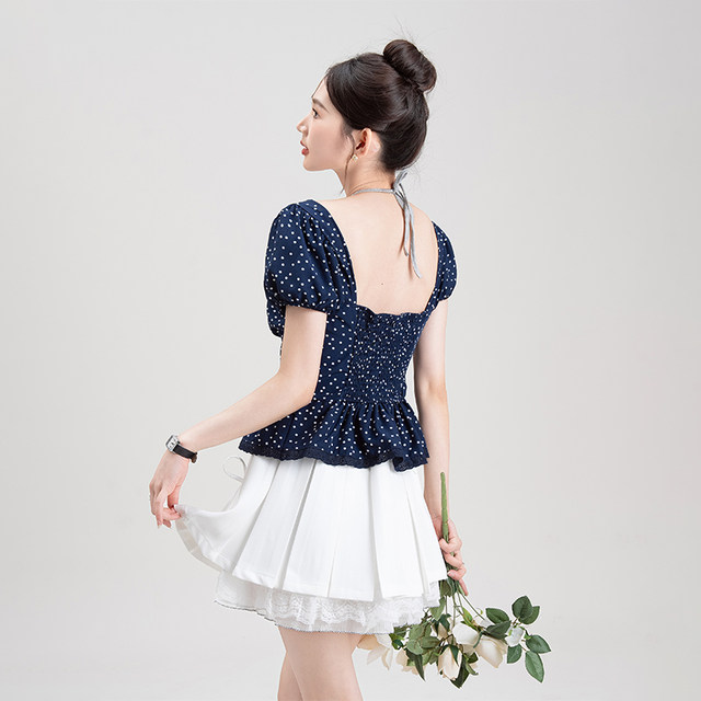 Nizvi navy polka dot polka short-sleeved shirt for women in summer new fake two-piece halter lace splicing top