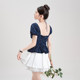 Nizvi navy polka dot polka short-sleeved shirt for women in summer new fake two-piece halter lace splicing top