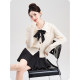 Polka dot tie doll collar milky white knitted cardigan sweater for women spring and autumn new small age-reducing long-sleeved top