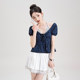 Nizvi navy polka dot polka short-sleeved shirt for women in summer new fake two-piece halter lace splicing top