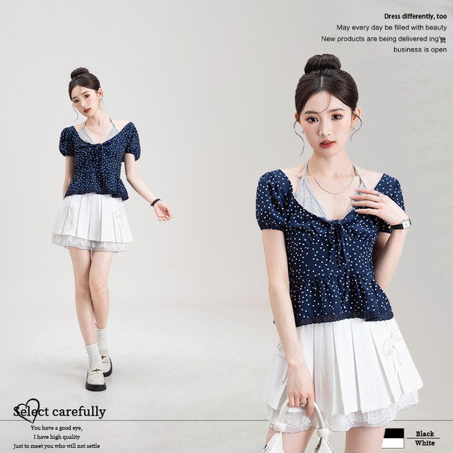 Nizvi navy polka dot polka short-sleeved shirt for women in summer new fake two-piece halter lace splicing top