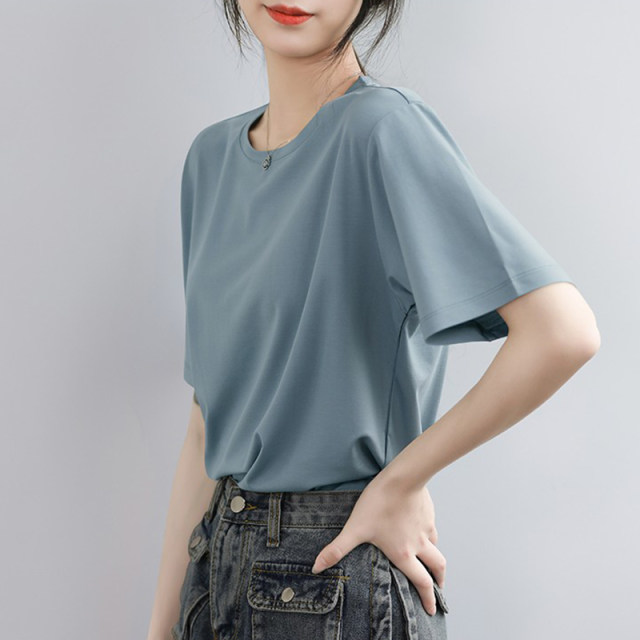 Blue loose Korean style front shoulder round neck pure cotton short-sleeved T-shirt for women in summer 2025 new small half-sleeved top