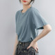 Blue loose Korean style front shoulder round neck pure cotton short-sleeved T-shirt for women in summer 2025 new small half-sleeved top