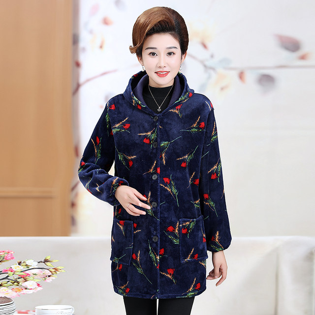 velvet coat for women in autumn and winter dustproof and warm kitchen work clothes jacket for middle-aged and elderly women loose version mid-length protective clothing
