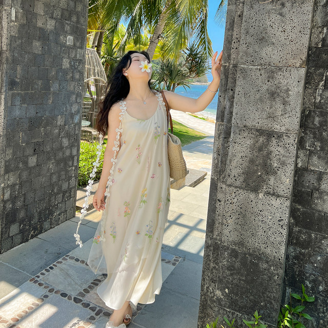 DM100 large size 100% women's clothing summer fat mm sweet seaside vacation mesh embroidered floral suspender dress