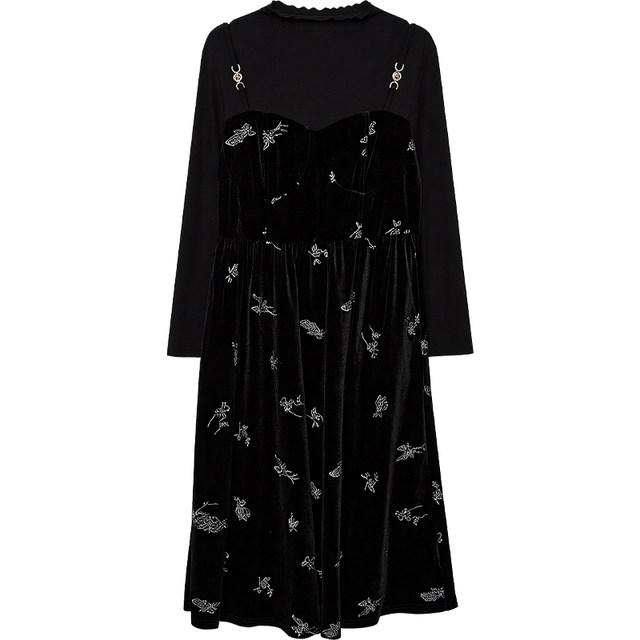 DM100 large size 100% women's slightly fat mm autumn and winter butterfly embroidery fake two-piece waist velvet dress