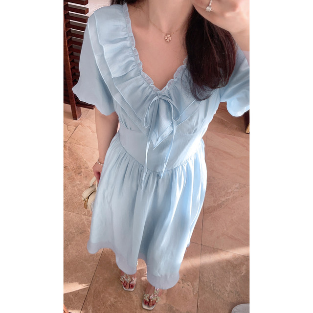 DM100 Large Size 100% 2025 Summer New Women's Decoration High Waist Elegant V-neck Ruffle Short Sleeve Dress