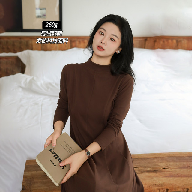 DM100 plus size 100% women's chubby mm winter all-match bow half turtleneck German velvet bottoming dress