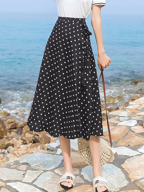 Polka dot skirt mid-length summer women's chiffon one-piece lace-up high-waist wrap skirt irregular fishtail skirt skirt