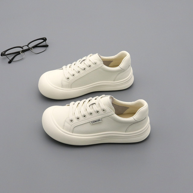 Genuine leather white shoes women's single shoes 2025 autumn minimalist doll head cowhide lace-up flat casual shoes women's board shoes