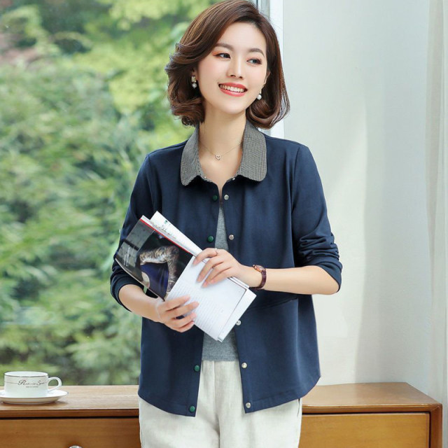 Spring and Autumn Small Thin Jacket Women's Polo Collar Mother's Clothes Middle-aged and Elderly High-end Tender Button Long Sleeve Top
