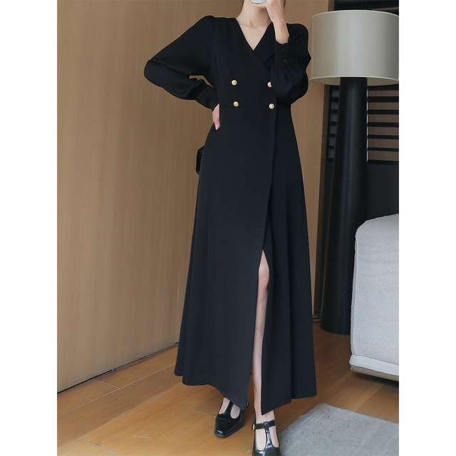 Long-sleeved double-breasted suit collar slim a-line dress for women with fat mm temperament long skirt autumn new plus size women's clothing