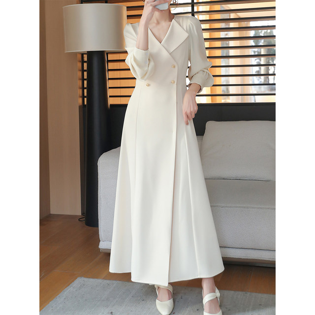 Long-sleeved double-breasted suit collar slim a-line dress for women with fat mm temperament long skirt autumn new plus size women's clothing