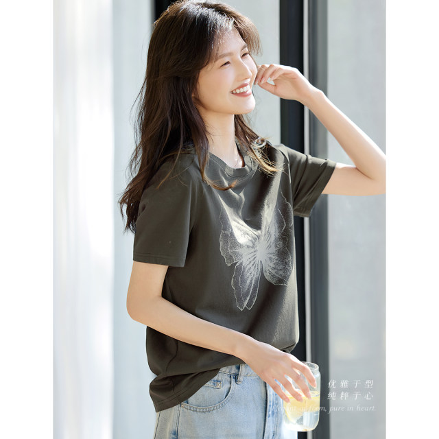 XWI Xinwei Gradient Butterfly Printed Pattern Short Sleeve T-shirt Women's Summer Commuter Versatile Top
