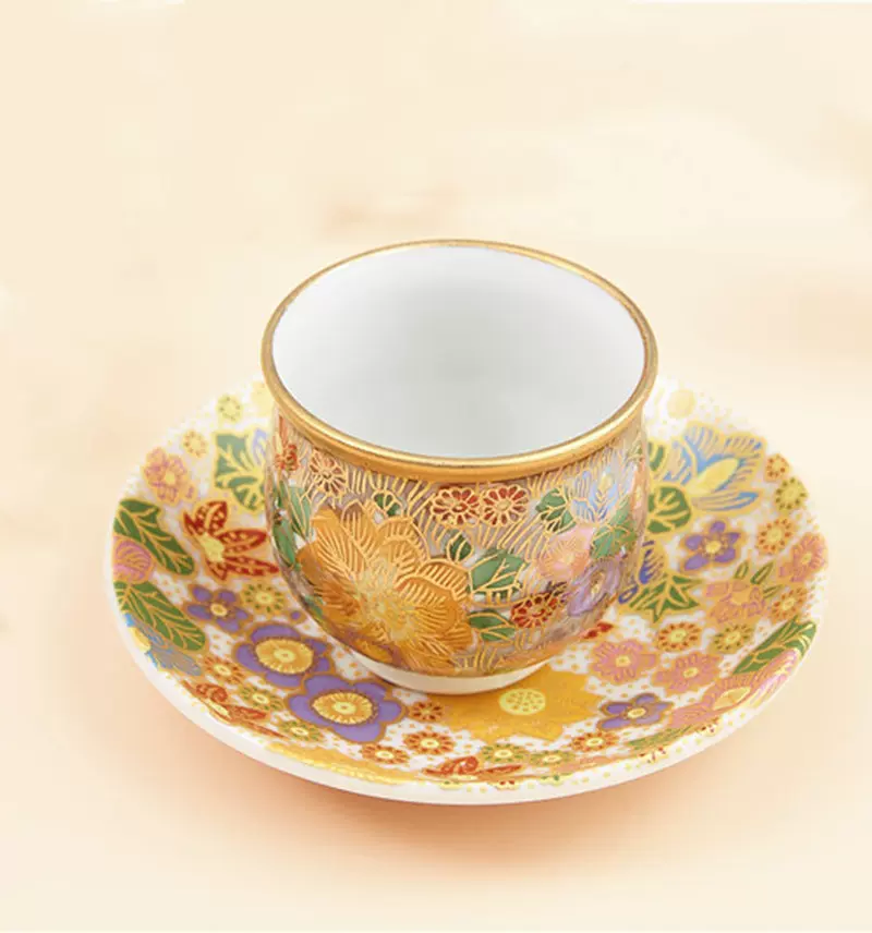 单杯日本九谷烧金箔花诘手绘小茶杯小酒杯进口陶瓷杯子