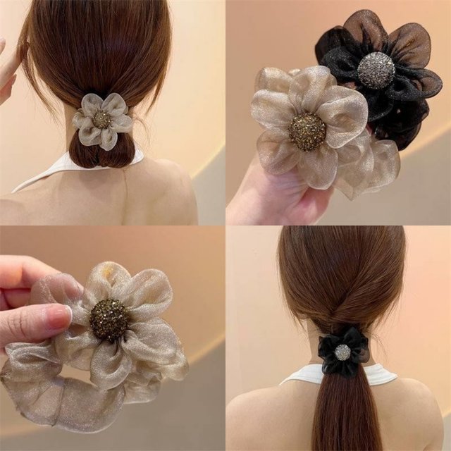 
Niche flower hair circle Organza temperament Japanese and Korean women simple retro rhinestone rope women tied hair rubber band promotion