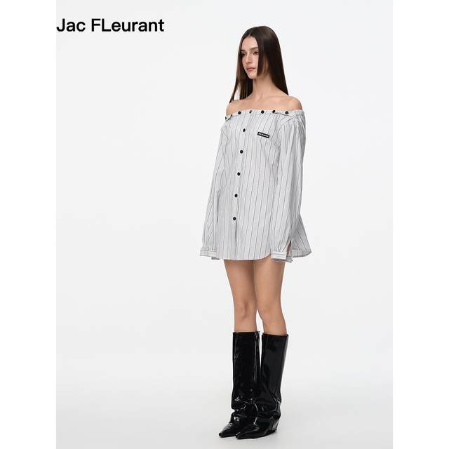 JAC FLEURANT2025 Spring and Summer New Style Shirt Women's Long Sleeve Striped Loose White One-Shoulder Waist Shirt
