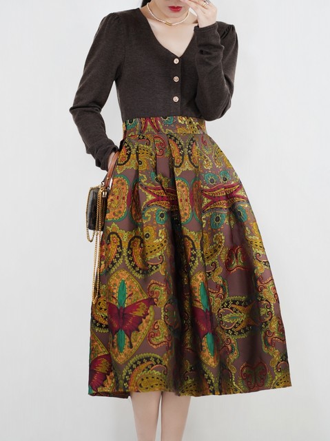 Yikerso Tirase retro waist fruit butterfly flower skirt high waist puff skirt mid -length umbrella skirt zipper size
