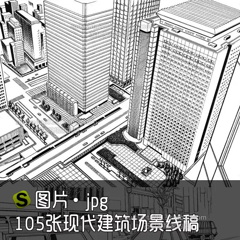 105张现代建筑场景线稿图片黑白cg漫画背景城市街道背景学校