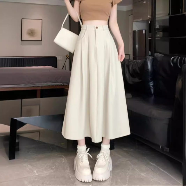 Rice white suit fabric skirt women's summer versatile leisure A -line skirt high waist slimming middle long skirt
