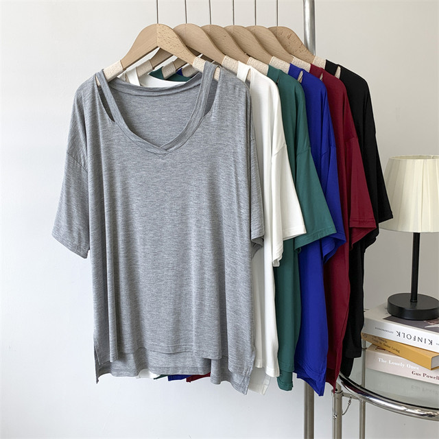 Modal bat-sleeved short-sleeved T-shirt on both sides for women loose lazy style large size home top drooping T-shirt for women
