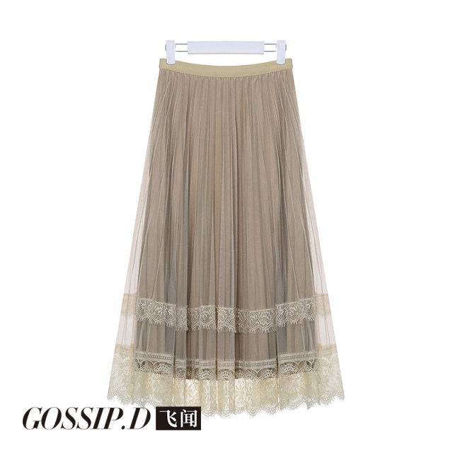 Gold velvet skirt for women in autumn and winter A-line high waist mid-length retro spliced ​​mesh on both sides pleated skirt