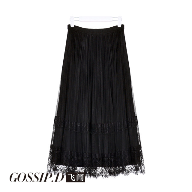 Gold velvet skirt for women in autumn and winter A-line high waist mid-length retro spliced ​​mesh on both sides pleated skirt
