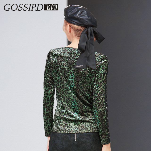 Women's base shirt 2024 Spring and Autumn European and American small shirt leopard print velvet long sleeve slim one-length neck slim T-shirt top