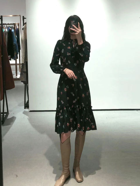 Monsoon lady straps, small turtleneck, ruffled skirt, hem, waist-hugging, slim print dress for women 8893LA102