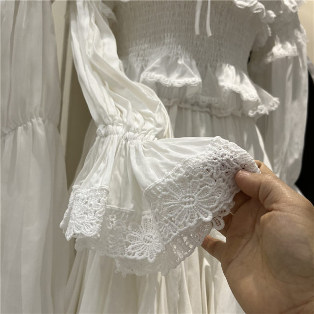 French gentle ruffled lace folded white shirt 2023 spring lace-up one-length off-shoulder hottie top