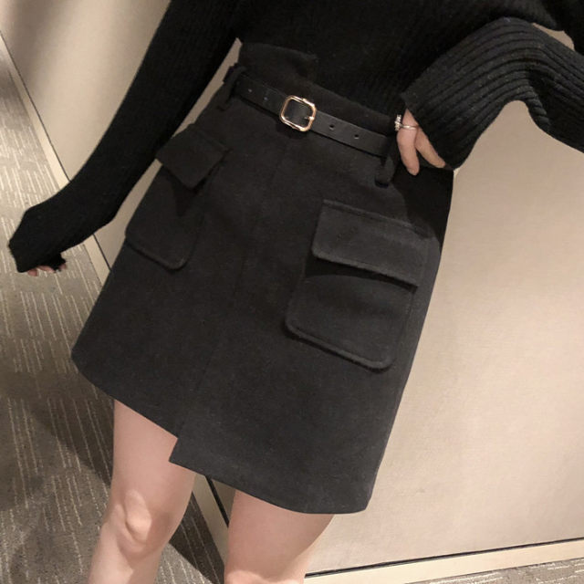 2023 Autumn and Winter New High Waist Belted Black Woolen Skirt Short Skirt Women's Chic Hip Bottoming A-Line Skirt Trendy