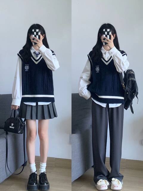 Fat MM200Jin [Jin is equal to 0.5kg] extra large size suit spring and autumn college style striped knitted sweater vest with shirt pleated skirt