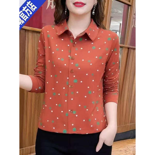 
Autumn new style fashionable and versatile mother suit women's fashionable lapel pure cotton long-sleeved T-shirt loose and slim bottoming shirt A5