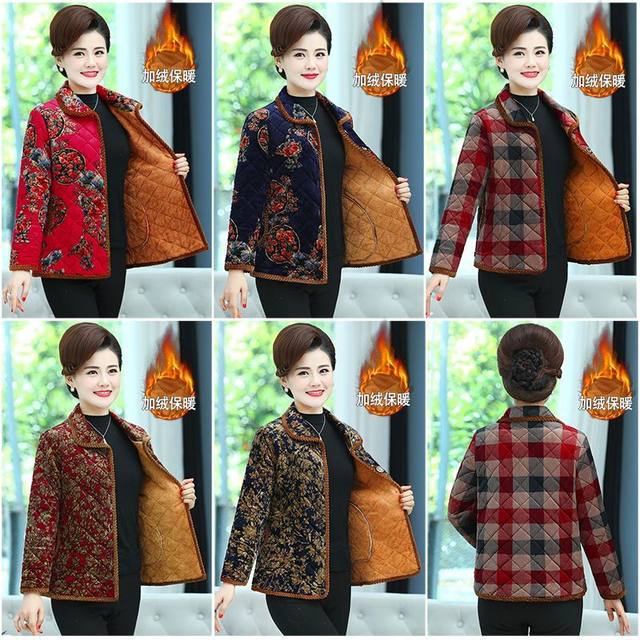 Winter mother's wear cotton-padded clothing warm plus velvet middle-aged and elderly women's clothing suede small cotton-padded clothing women's fashion printed coat cotton-padded jacket